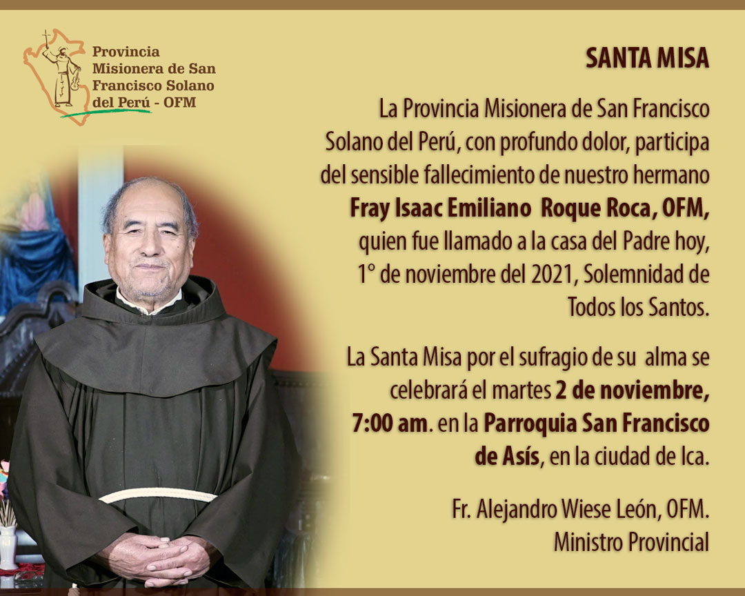 Defunción: Fray Isaac Emiliano Roque Roca, OFM.